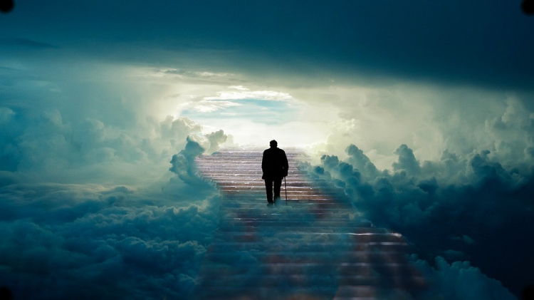 A picture shows a man walking up the stairs to heaven with a crutch.