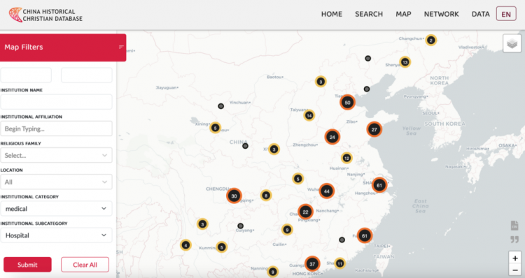 A screenshot shows the number of Christian hospitals in China on the China Historical Christian Database (CHCD).